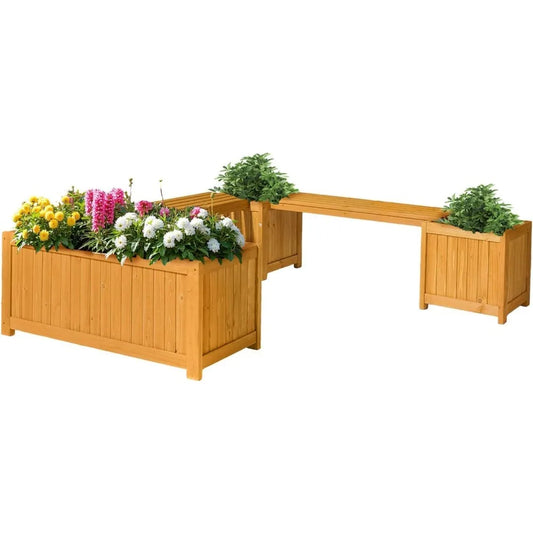 Outdoor Wood Bench with Planter Boxes