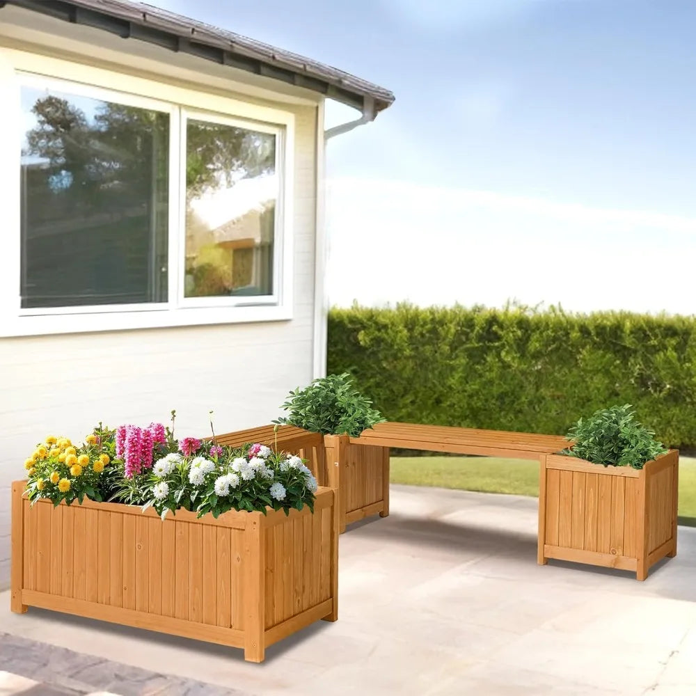 Outdoor Wood Bench with Planter Boxes
