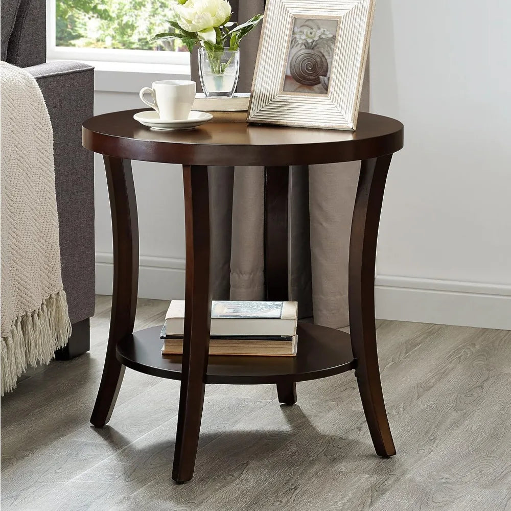 Contemporary Espresso-Finished Round End Table w/ Shelf