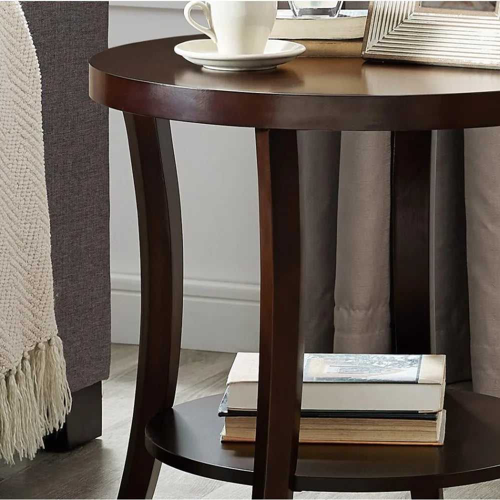 Contemporary Espresso-Finished Round End Table w/ Shelf